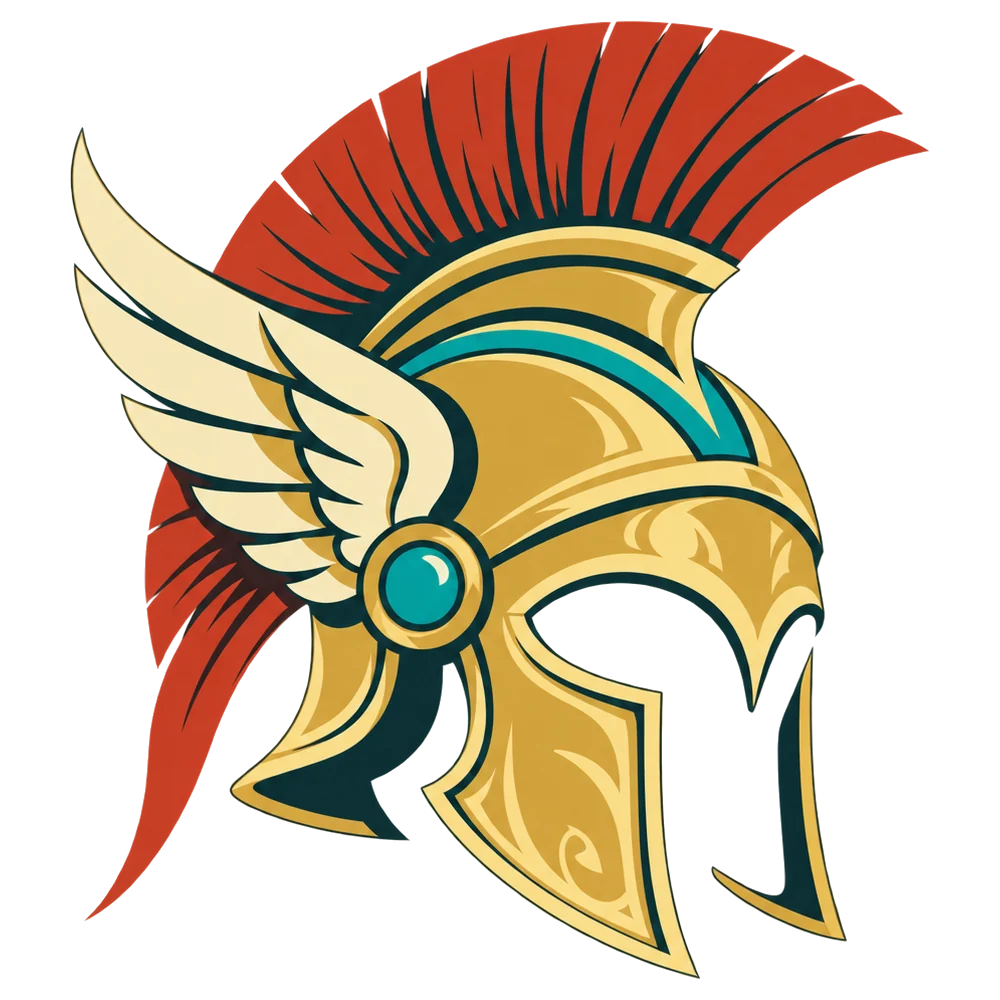 The Veni Vidi Games emblem: a gold winged helmet with a red crest