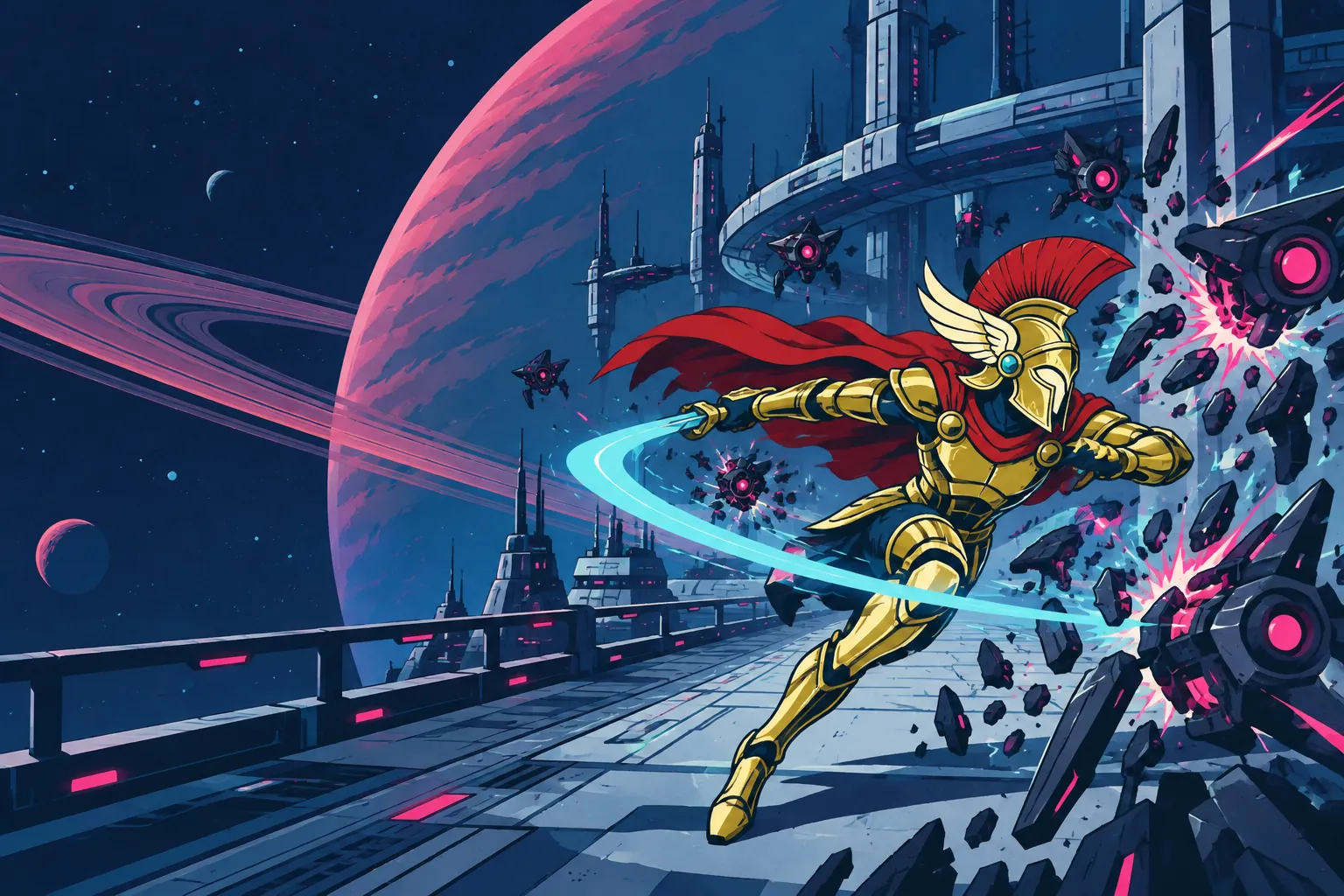 An armoured hero in the winged helmet cuts through combat drones on a space station, a ringed planet behind.