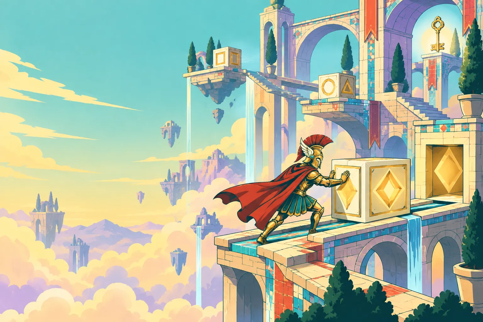 A small figure in the winged helmet pushes a glowing cube across a floating structure of stairs and arches.