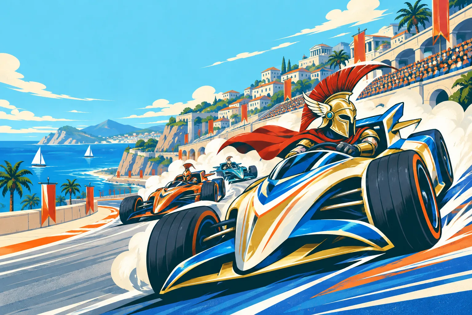 A race car driven by a figure in the winged helmet drifts through a seaside corner ahead of two rivals.