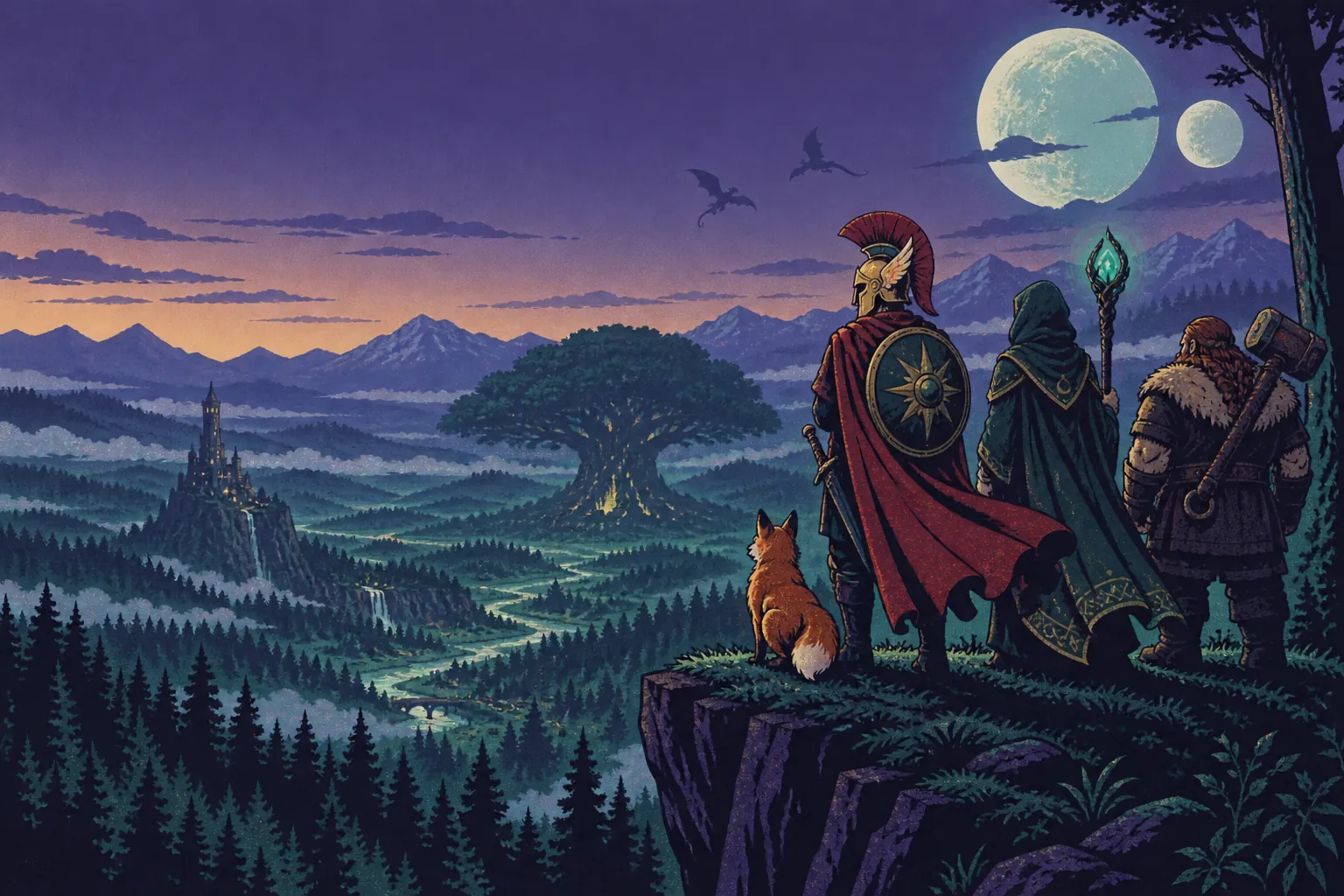 A party of adventurers and a fox look out from a cliff over a twilight valley with a great tree and two moons.