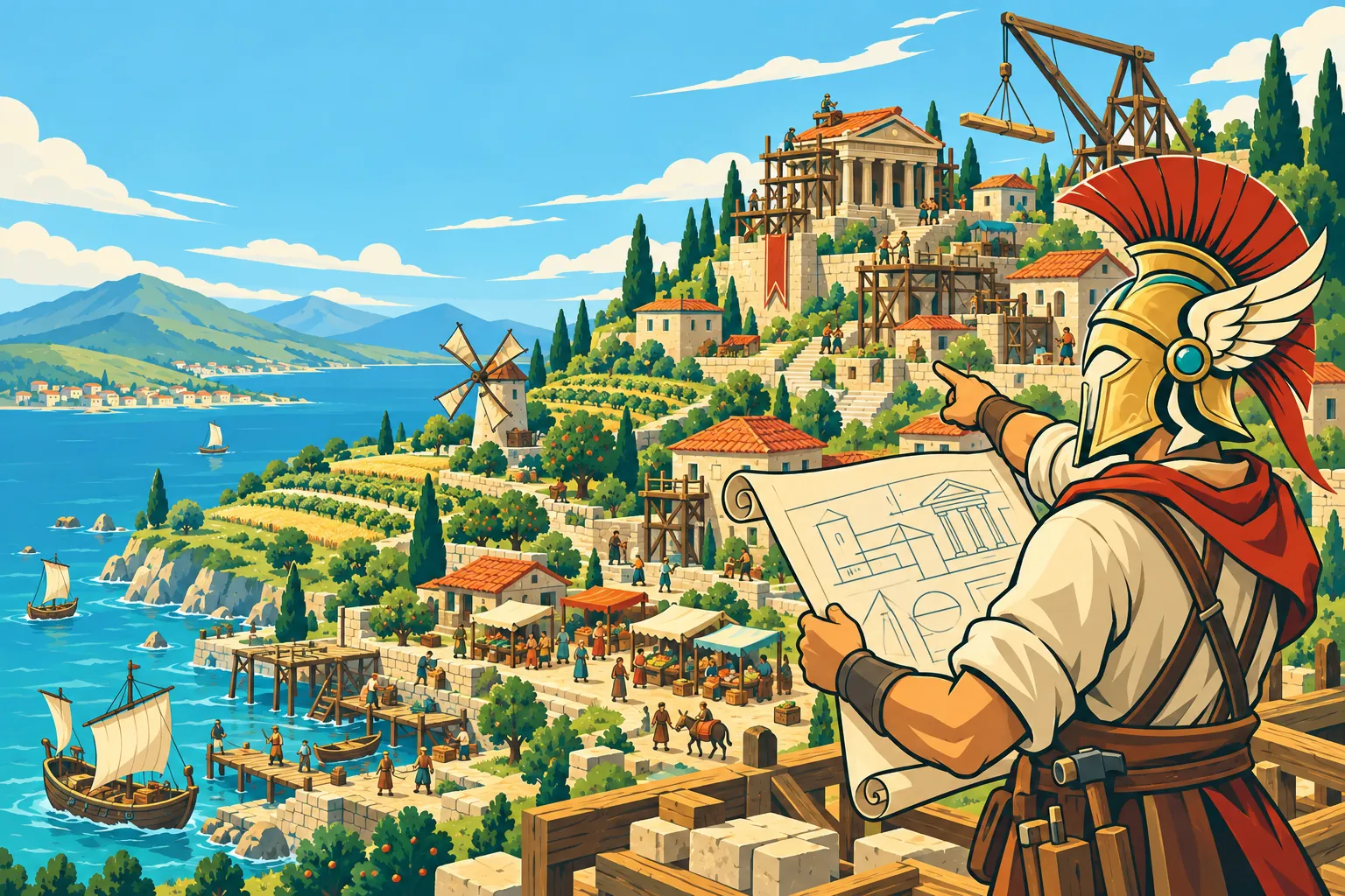 A builder in the winged helmet studies a blueprint above a hillside town under construction by the sea.