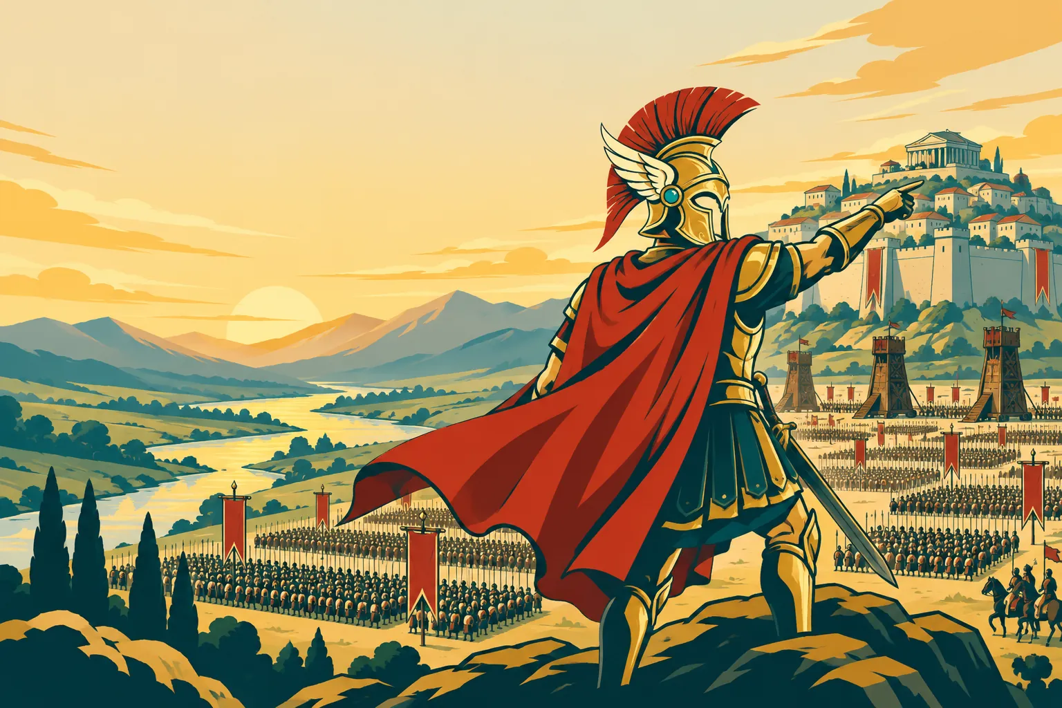 A commander in a winged gold helmet directs an army toward a walled hill city at dawn.